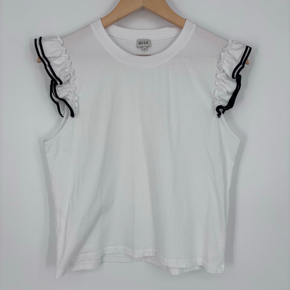 Kule The Ruffle Tee White Organic Cotton Contrast Trim Tank Top Womens M Flutter